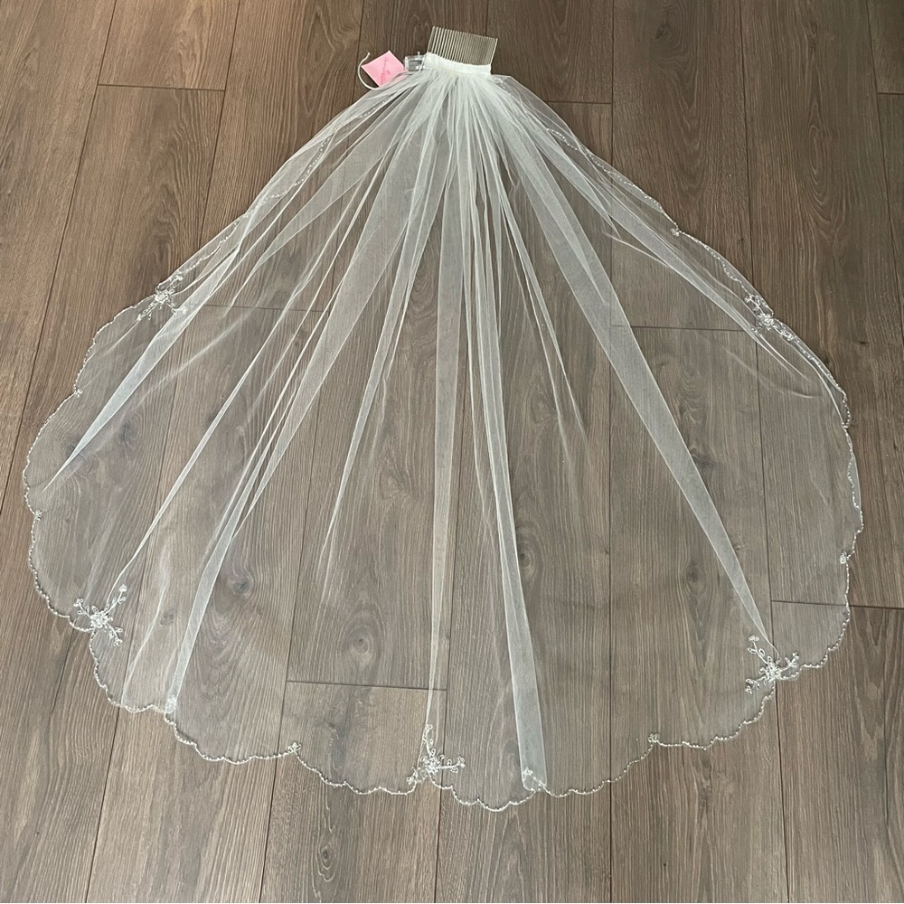 Symphony Bridal fingertip veil scalloped crystal beaded edge